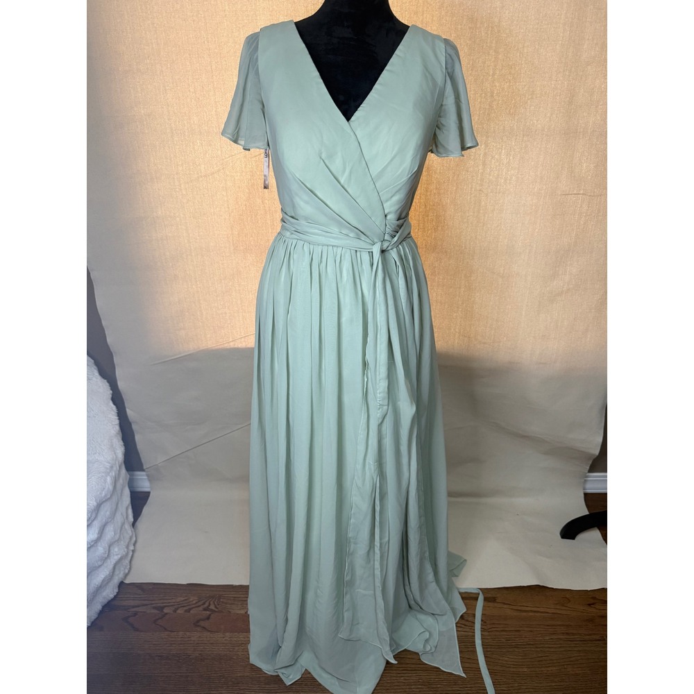 Loyeloy Women Sage Green Chiffon Flutter Sleeve Lace Up Back Maxi Dress Size 10